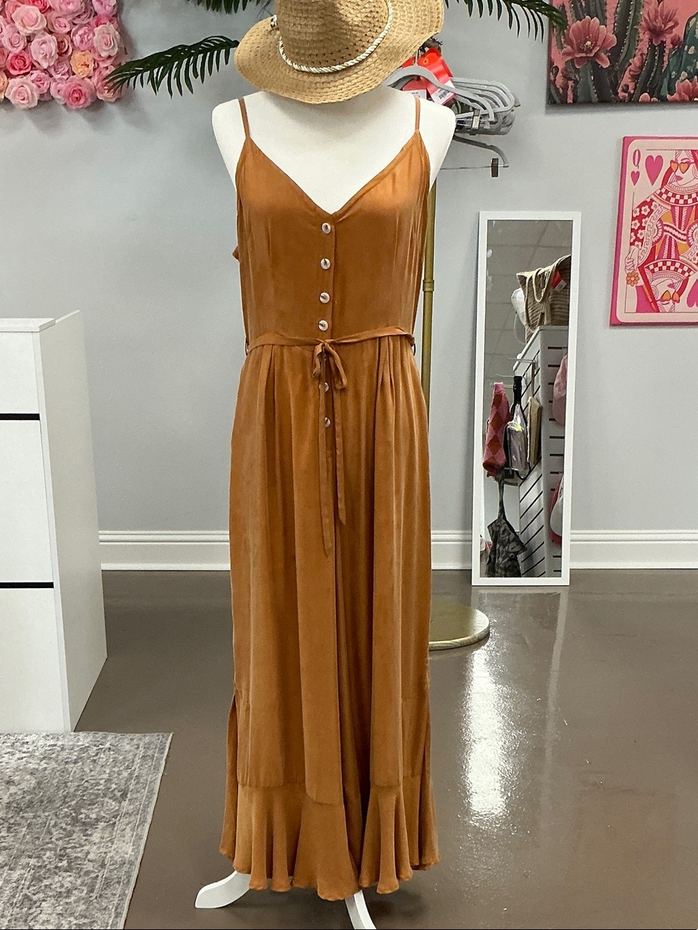 Sleeveless Rust Maxi Jumpsuit with Button Front